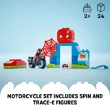 Lego Spider man Motorcycle Set Featuring a Red Spider man Head Brick a Blue Archway and a Red Web Accessory with a Spider man Minifigure on a Black Motorcycle Includes a White Promo Banner at Bottom Stating the Set Includes Spin and Trace e Figures