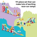 Promotional Lego style Race car Ramp Set with Colorful Ramps and Toy Cars Headline Reads '111 piece Set That Can Make Lots of Exciting Race car Ramps'