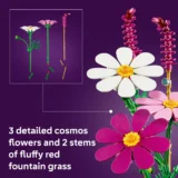 Lego Cosmos Flowers with White and Pink Petals on Green Stems Against a Purple Background Inset Shows Exploded Parts View in a White Frame