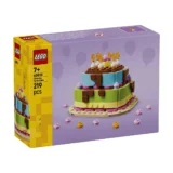 Lego 40815 Birthday Party Cake Box Featuring a Colorful Multi tier Cake Built from Bricks on a Purple Background