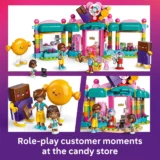 Bright Lego Candy store Playset Showing Kids Shopping a Yellow Round Sun Figure and a Chocolate Robot Figure for Roleplay Moments at the Store
