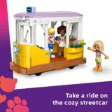 Lego Friends Streetcar Set Yellow Carriage with Purple Roof Two Passengers Inside and a Girl Waving Outside