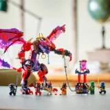Large Red and Purple Lego Dragon Looming over a Row of Ninja Minifigures Armed with Swords on a Table
