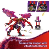 Lego Ninjago Dragon Figure in Red and Purple with Flame patterned Wings and Chained Accessories on a White Background