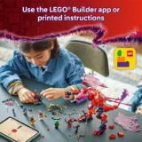 Child Building Lego Set at a Table Using Pieces and Mini figures with a Red Dragon Model Nearby Banner Reads 'use the Lego Builder App or Printed Instructions'