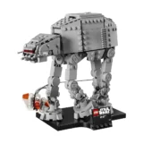 Lego Star Wars At at Model Displayed on a Black Base Plate with a Small Tag