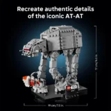 Lego Star Wars At at Model on a Display Base with Dimension Labels wide and Tall Measurements Shown