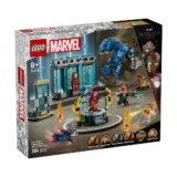 Lego Marvel Set Box for Iron Man's Laboratory Hall of Armour 384 Pieces Showing Iron Man Minifigs a Scifi Lab Diorama and Assembly Action Scenes