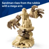 Lego Sandman Minifigure with a Massive Raised Arm Standing on a Rocky Pedestal Ready to Strike