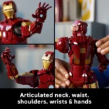 Collage of Iron Man Lego Figures Highlighting Articulated Neck Waist Shoulders Wrists and Hands