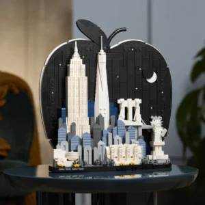 Lego Cityscape of New York City Built Inside a Large Black Heart Featuring the Empire State Building and One World Trade Center