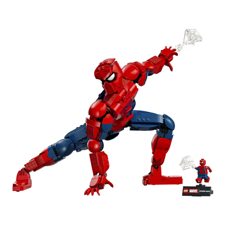 Large Red and blue Lego Spider man Figure in a Dynamic Lunge Pose with a White Web Accessory Includes a Small Spider man Minifigure and Display Plaque Panel