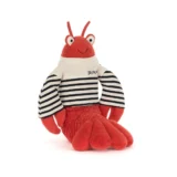 Red Plush Lobster Toy Wearing a White and Navy Striped Shirt Sitting with Its Claws Resting by Its Sides