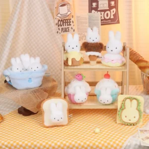 Display of Pastel Bunny shaped Plush Snacks on a Wooden Rack and Table Like Donuts Bread and Cakes in a Cozy Shop Setup