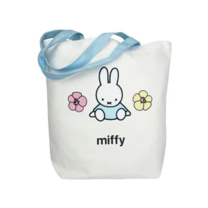 White Tote Bag with Miffy Bunny Illustration Pink and Yellow Flowers and Printed 'miffy' Text on the Front with Light Blue Handles
