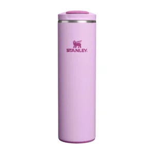 Tall Pink Stainless Steel Tumbler with a Pink Lid and Silver Rim Featuring the Stanley Logo 250 Ml1 L Capacity Implied by Size
