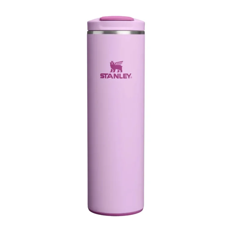 Tall Pink Stainless Steel Tumbler with a Pink Lid and Silver Rim Featuring the Stanley Logo 250 Ml1 L Capacity Implied by Size