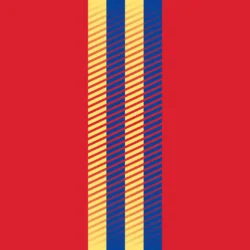 Abstract geometric design with red side fields and a central column of blue and yellow diagonal-striped bars.